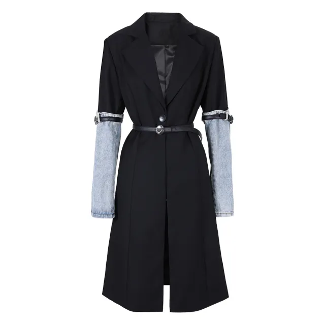 Women's Patchwork Denim Trench Coat Black - Shop at LoveMi