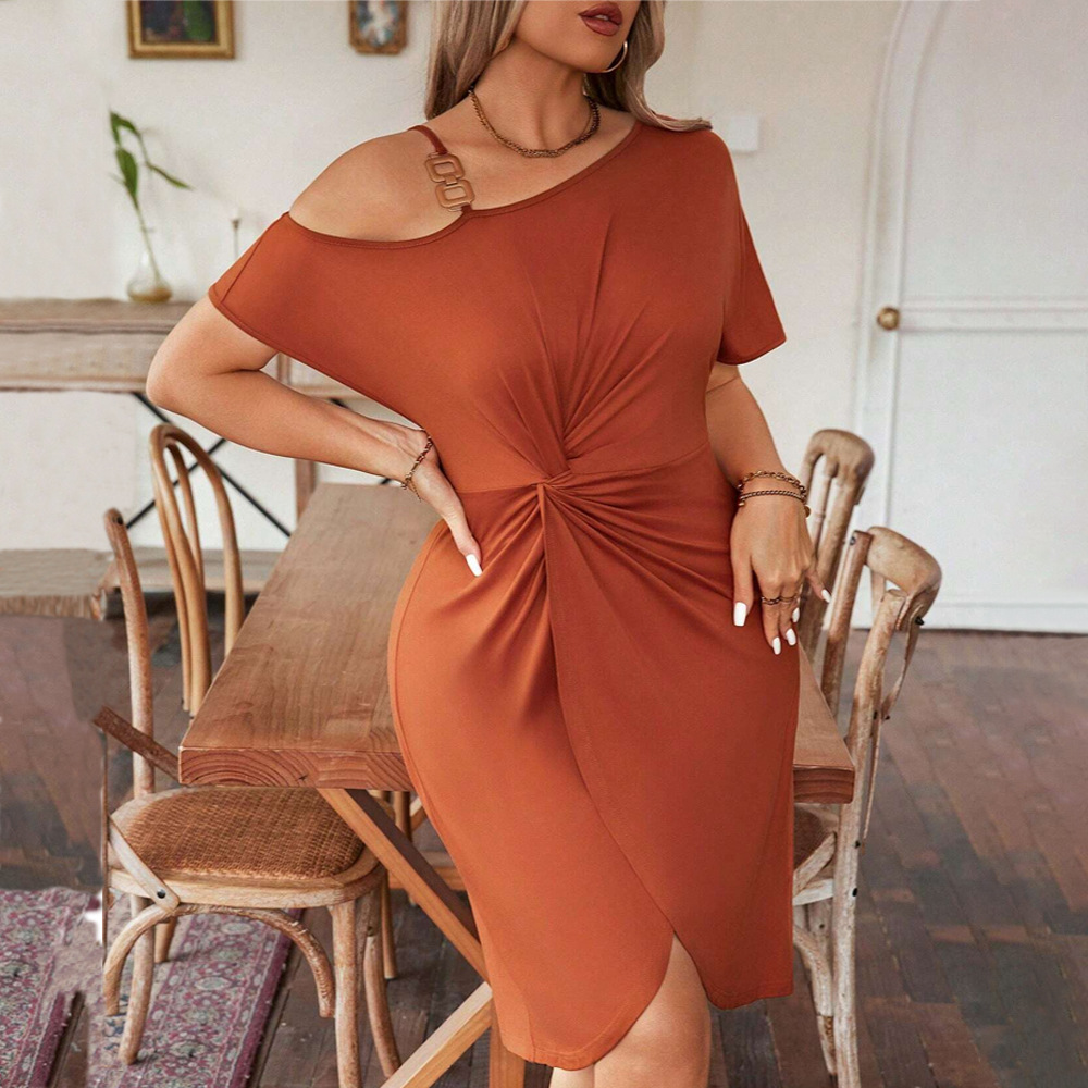 Ruffle Hip Shoulder Irregular Solid Color Dress