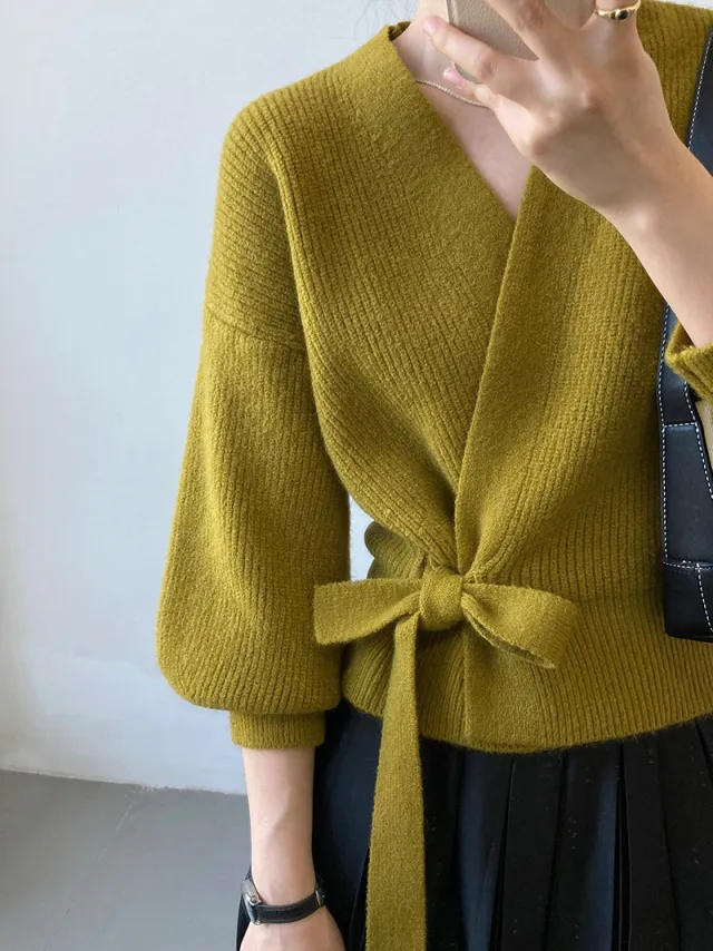 Women's Fashion Retro V neck Lace up Loose Outer Wear Knitted Cardigan Olive - Shop at LoveMi