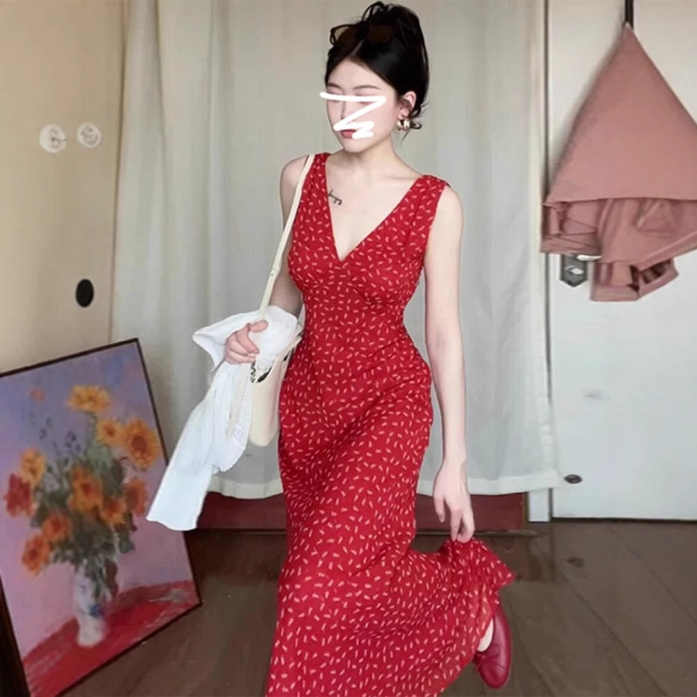 Women's Versatile Red V-Neck Sleeveless Floral Dress