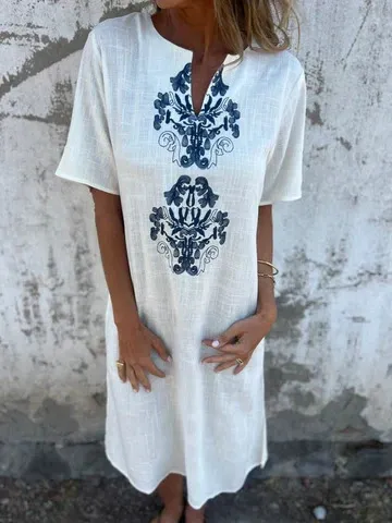 V neck Loose fit Cotton linen Women's Dress Milky White - Shop at LoveMi