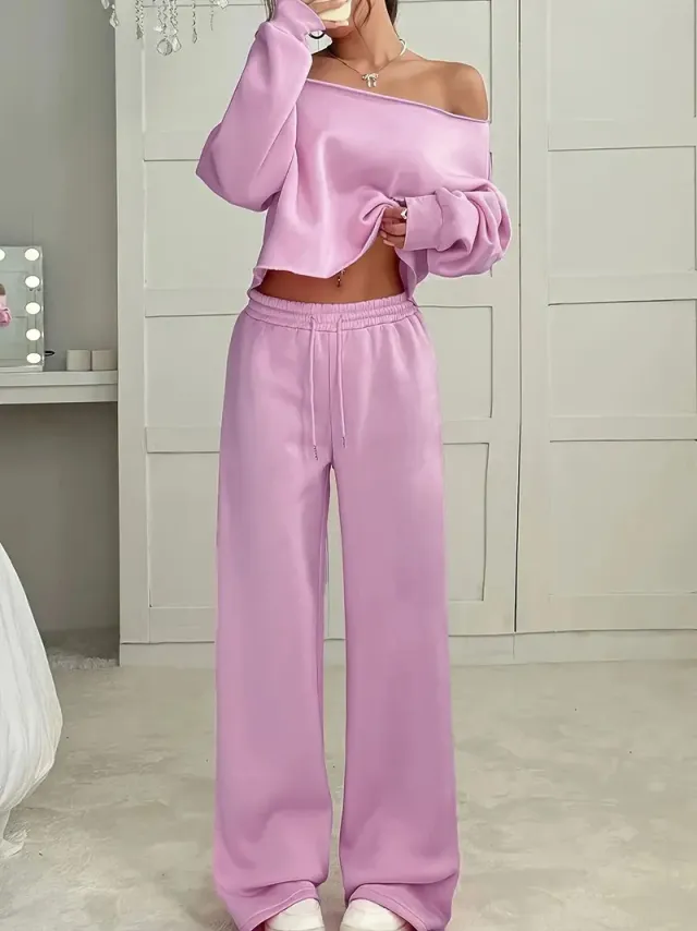 Autumn And Winter Casual Loose Round Neck Long sleeved Sweater Trousers Suit Pink - Shop at LoveMi