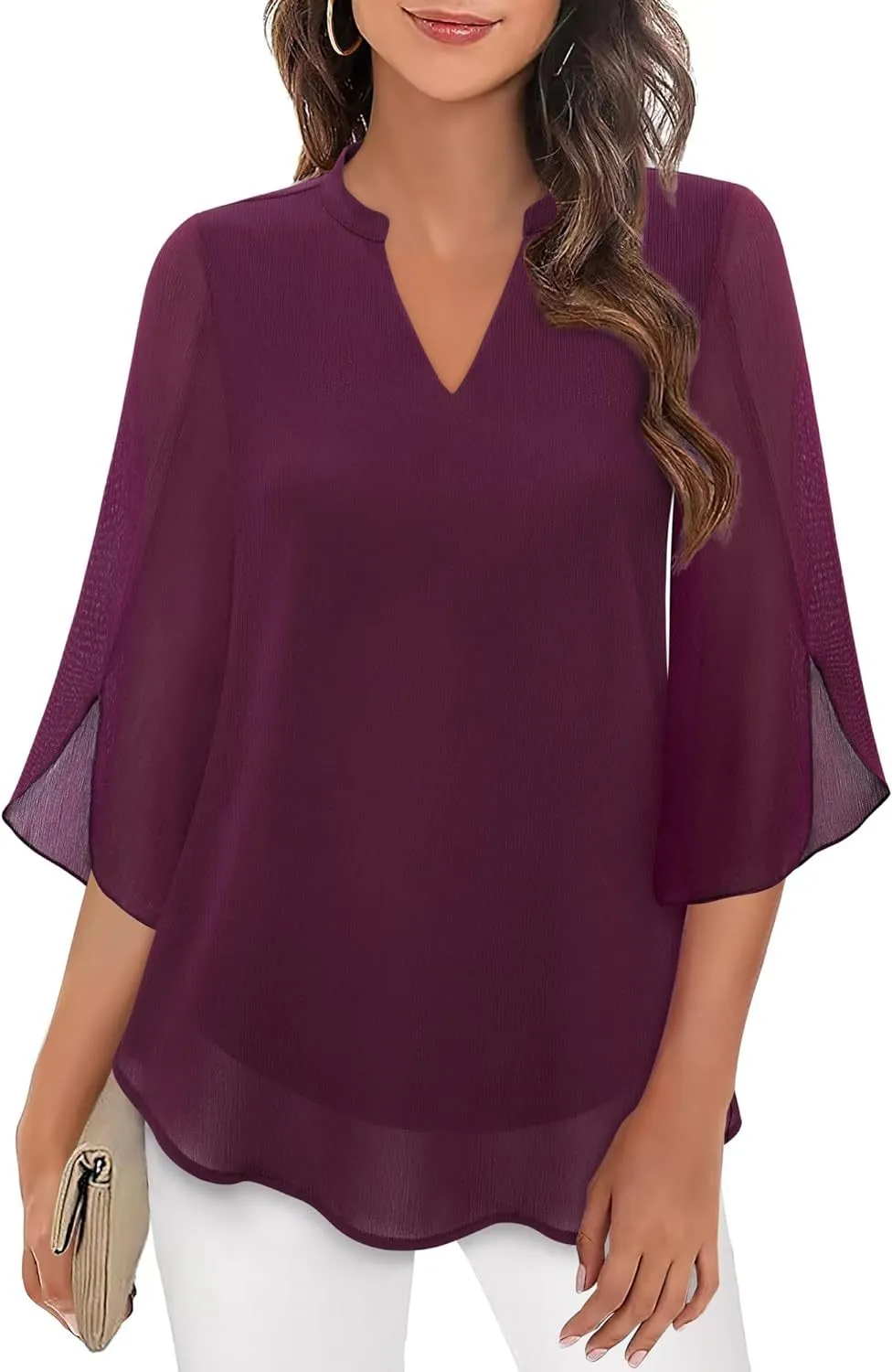 Women's Petal Sleeve Top Loose V-neck Chiffon Shirt - Wine