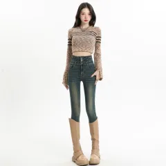 Retro Denim Skinny Pants Women's High Waist Slim Fit - Blue - View 1