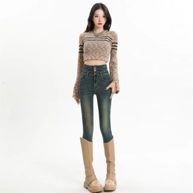 Retro Denim Skinny Pants Women's High Waist Slim Fit Blue - Shop at LoveMi