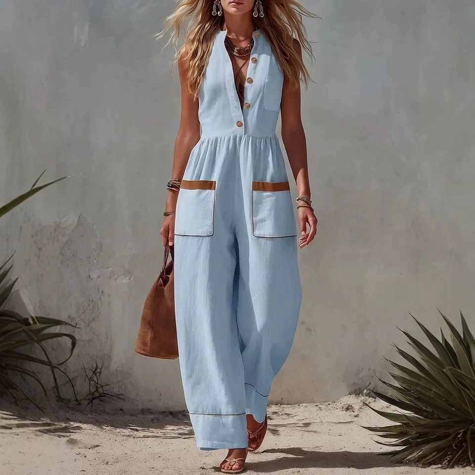 Women's sleeveless wide-leg jumpsuit in loose fit – casual cotton linen style