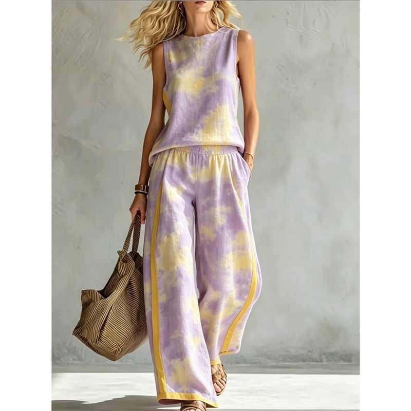 New-style Rainbow Tie-dye Sleeveless Crew-neck Top And Wide-leg Pants Womens Casual Two-piece Set 3