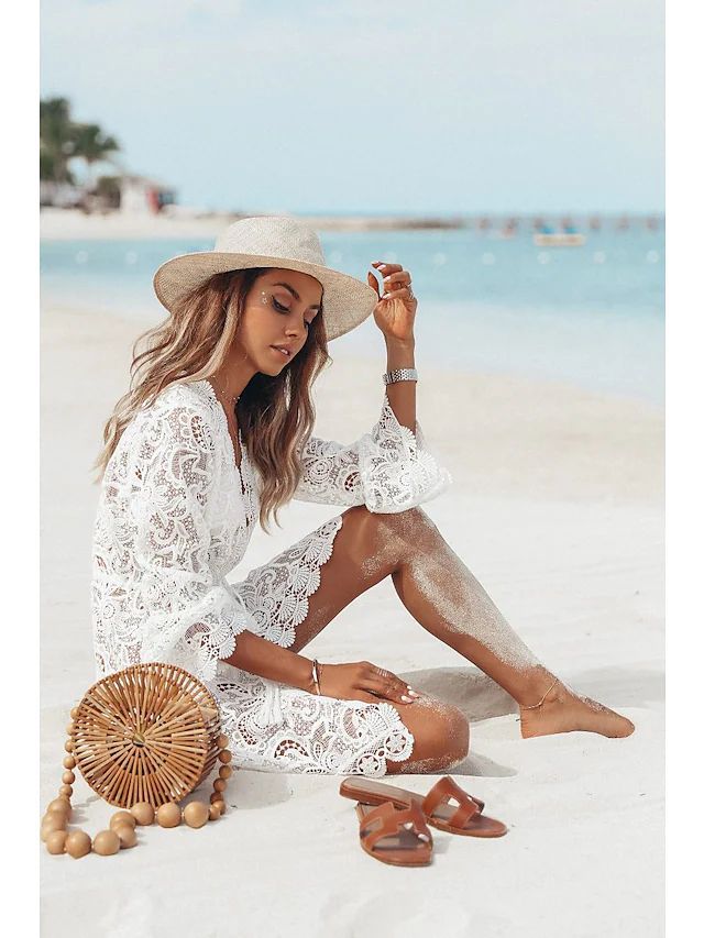 Sun-Protecting Lace V-Neck Bikini Cover-Up Shirt with Waistline Sun-Protecting Lace V-Neck Bikini Cover-Up Shirt with Waistline
