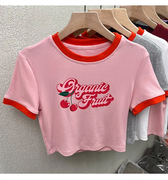 Slim fit Crop top Women's Short sleeved T shirt Pink - Shop at LoveMi