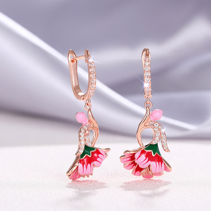 Dainty Flower Earrings Oil-Drip Floral Design With Zircon Inlays