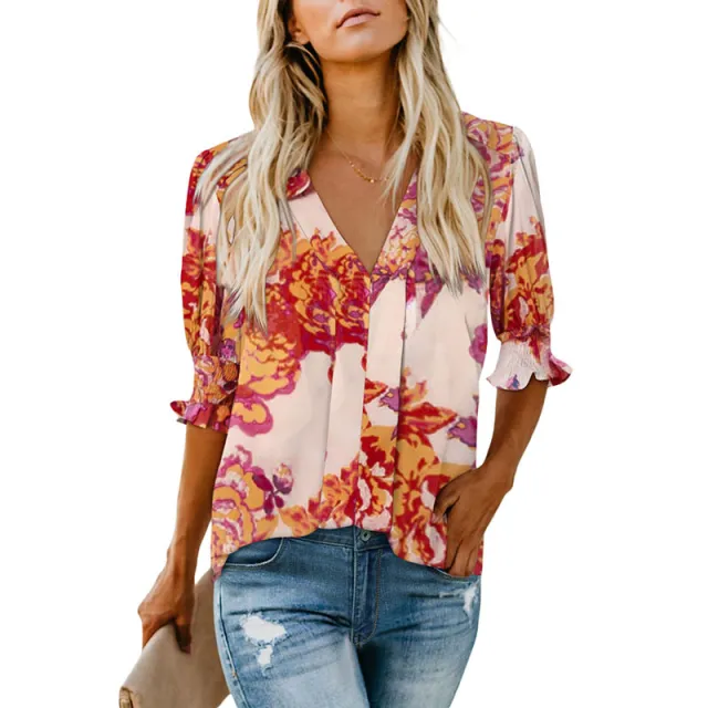 Shiying New V neck Half Sleeve Shirt For Women Lc25118649103 - Shop at LoveMi