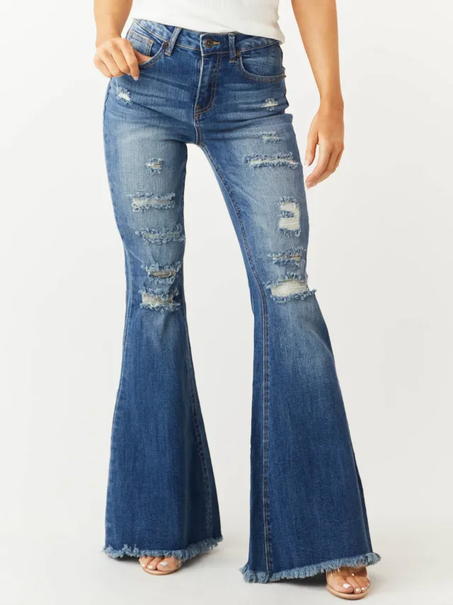 European And American Ladies Mid waist Slim Fit Stretch Retro Bell bottom Pants Jeans Dark Blue - Shop at LoveMi