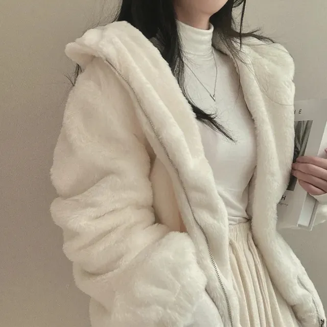 South Korea French Minority Zipper Hooded Warm Casual Sports Plush Coat White - Shop at LoveMi