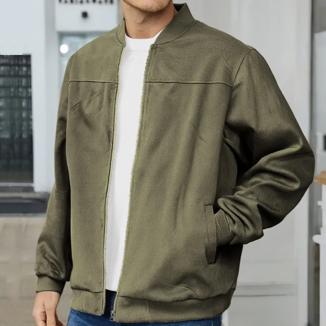 Men's Suede Fabric Jacket Casual Zipper Cardigan Outerwear Army Green - Shop at LoveMi
