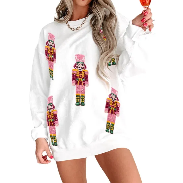 Autumn And Winter Sequin Embroidery Anime Round Neck Long Sleeve Loose Sweatshirt Beige - Shop at LoveMi