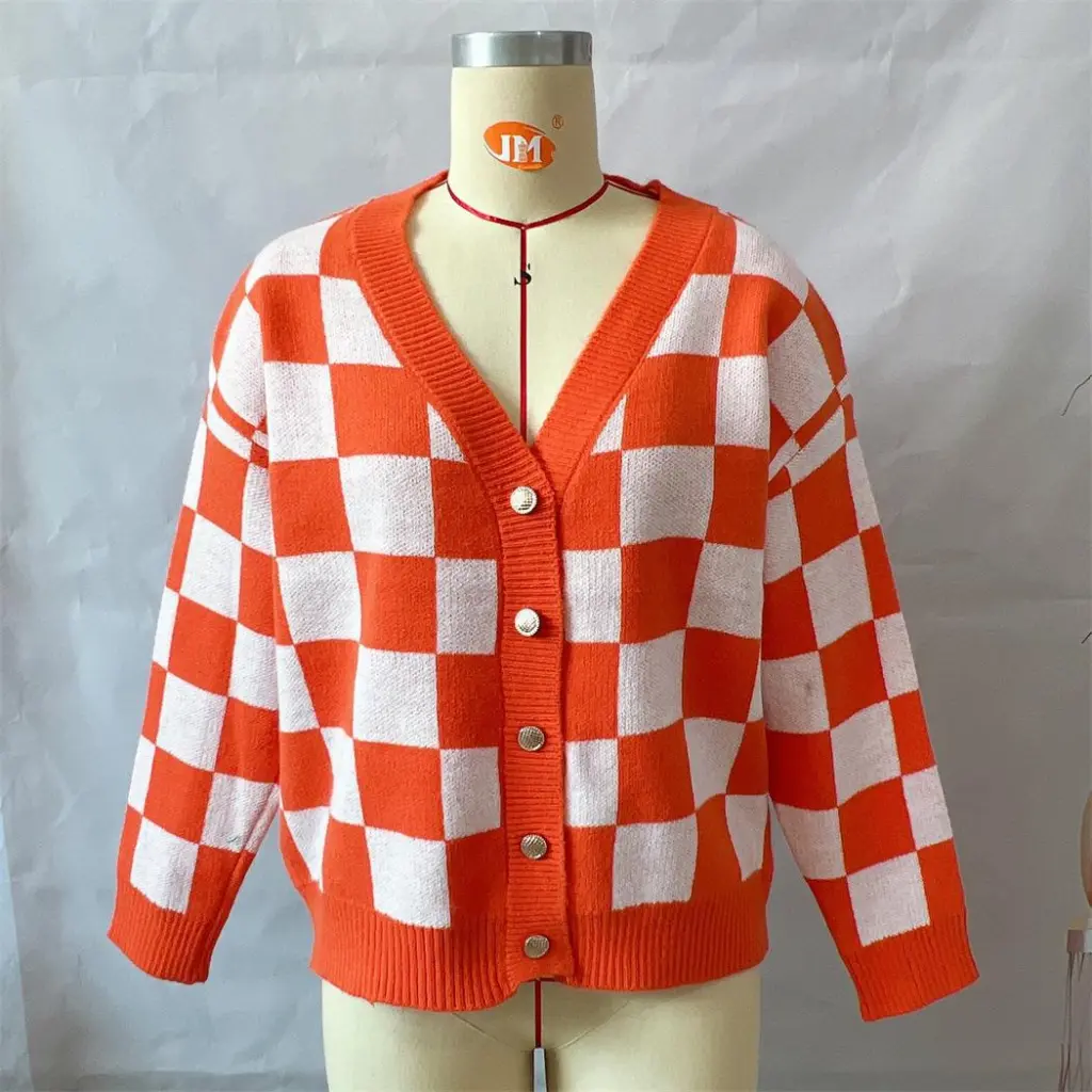 Asian Contrast Color Chessboard Plaid Autumn And Winter Women's Sweater - Orange