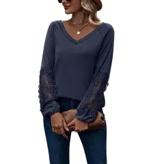 Loose Casual V-neck Lace Lace Long-sleeved - Navy Blue - View 1