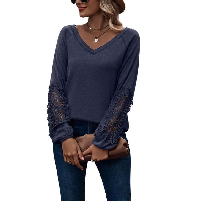Loose Casual V neck Lace Lace Long sleeved Navy Blue - Shop at LoveMi