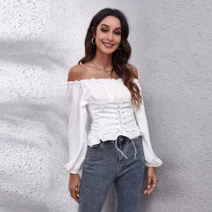 Pleating Lantern Sleeve Off-neck Short Top Women's Long Sleeve Chiffon Shirt - White - View 1