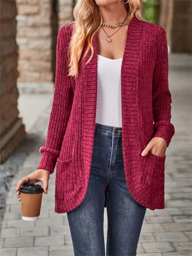 Women's Solid Color Casual Patchwork Long Sleeve Cardigan Jacket Red - Shop at LoveMi