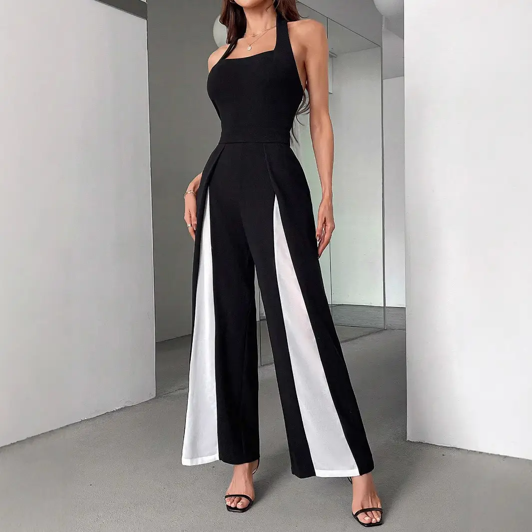 Black And White Color Matching Straight Halter Jumpsuit