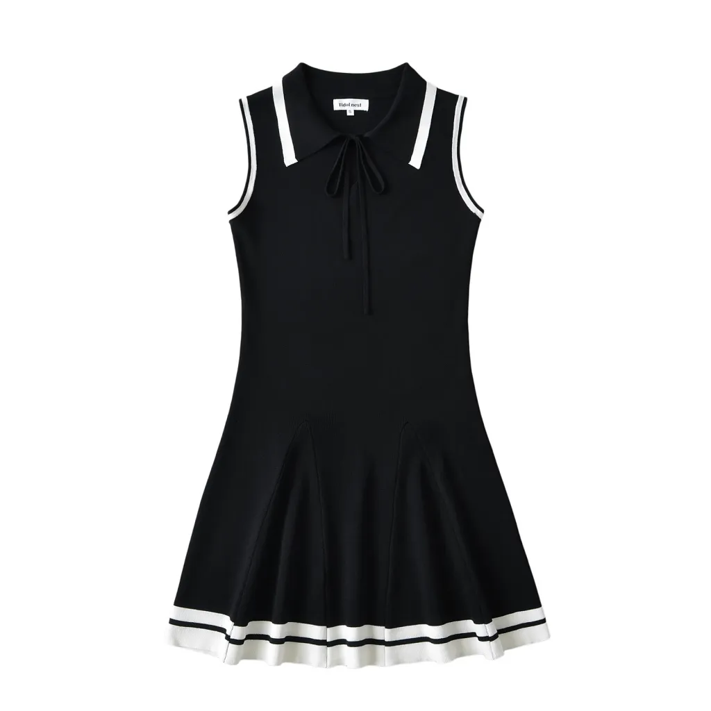 Knitted Lapel Butterfly Strap Sports Leisure Dress - Black