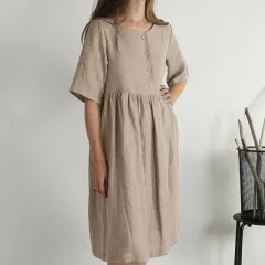 Cotton Linen Round-neck Loose Casual Solid Colour Pocket Dress - Khaki - View 1