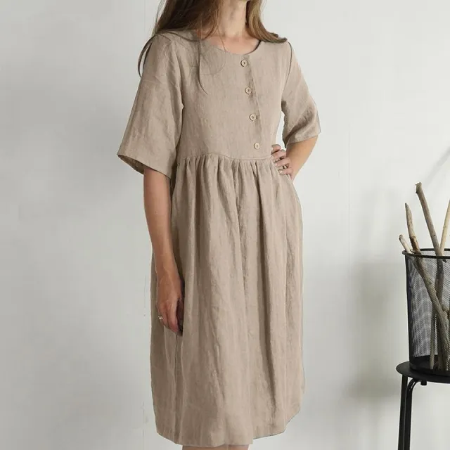 Cotton Linen Round neck Loose Casual Solid Color Pocket Dress Khaki - Shop at LoveMi