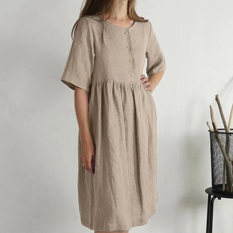 Cotton Linen Round-neck Loose Casual Solid Color Pocket Dress - Khaki