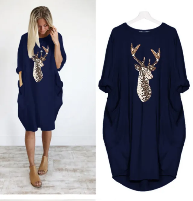 Christmas Pattern Printed Sweater Dress Round Neck Spring And Autumn Dress Blue - Shop at LoveMi