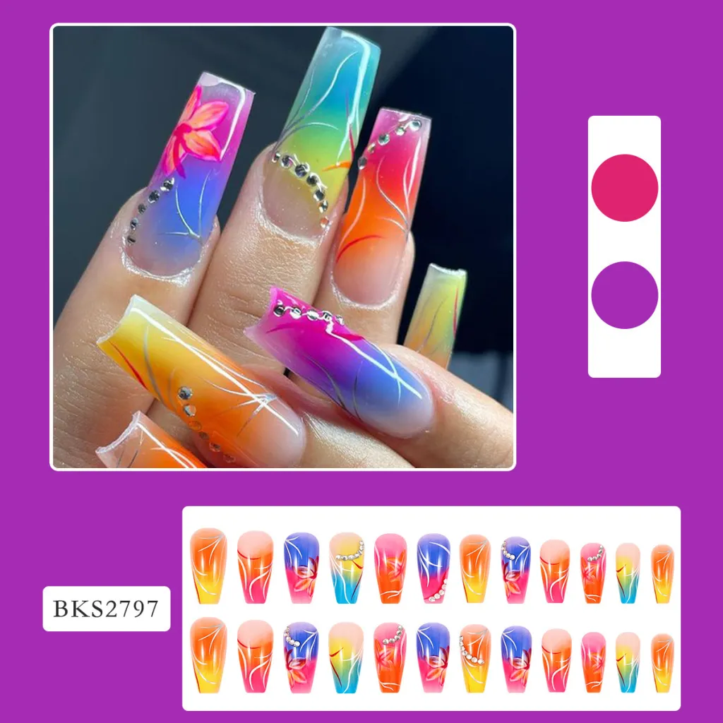 Colour Gradient Flower Rhinestone Fake Nails - Colourful Gradient Flowers