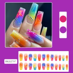 Colour Gradient Flower Rhinestone Fake Nails - Colourful Gradient Flowers - View 1
