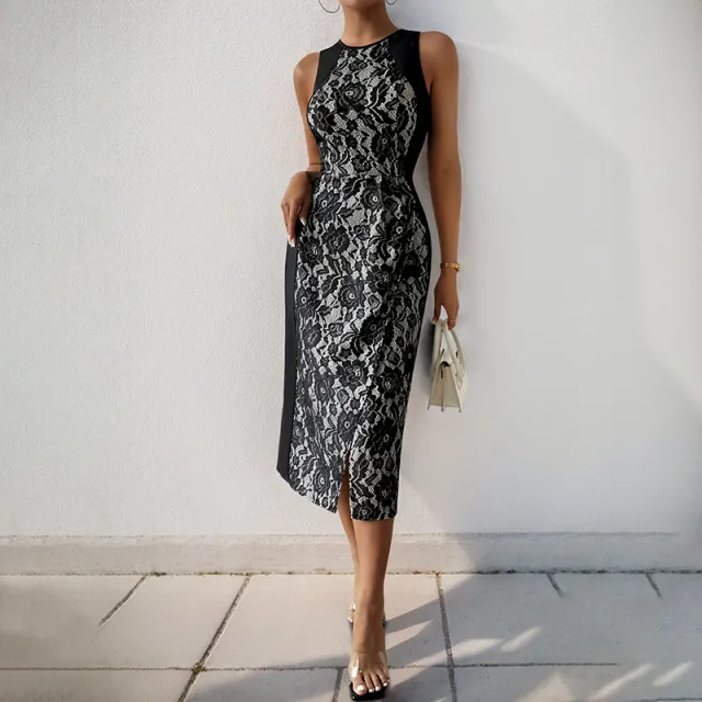 Women's Elegant High Waist Dress Sleeveless Printed Black - Shop at LoveMi