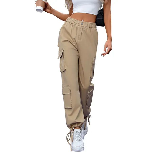 Women's High Waist Pocket Loose Casual Working Pants Straight leg Pants Khaki - Shop at LoveMi