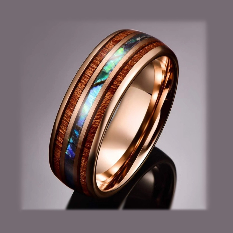 Mens 8mm Rose Gold Triple-Groove Stainless Steel Ring
