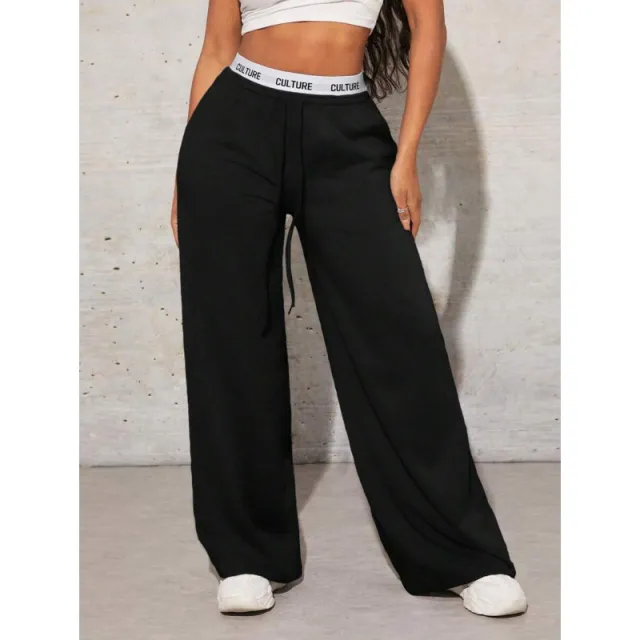 Women's Simple Letter Print Casual Wide leg Pants Black - Shop at LoveMi