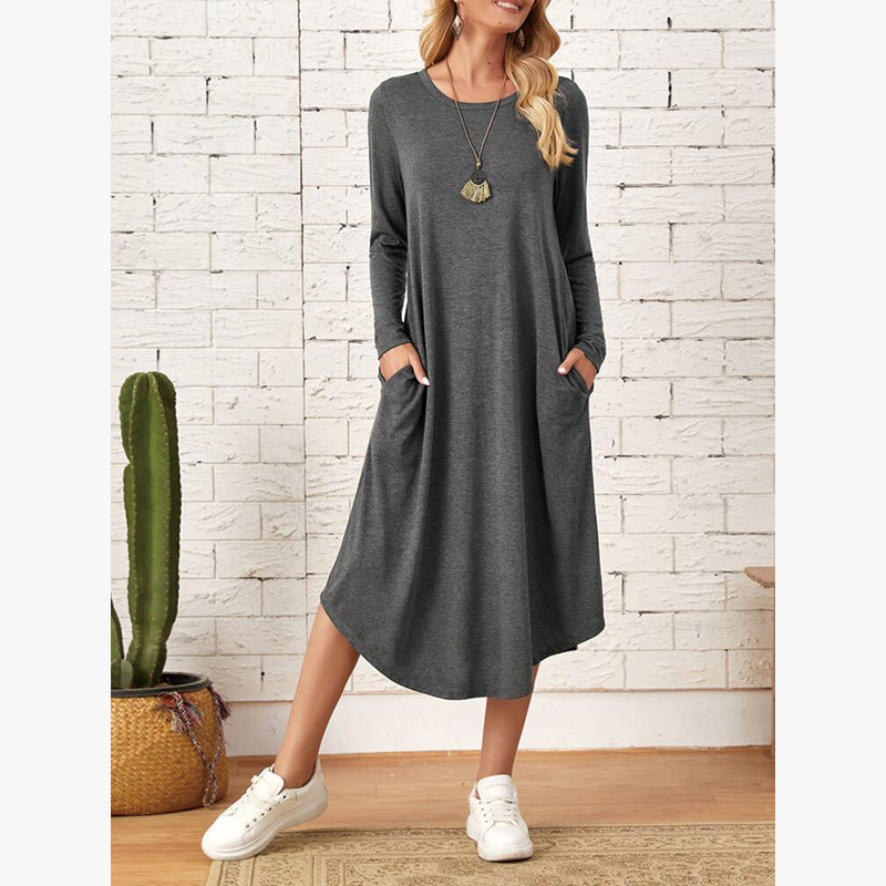 Women's long sleeve dress in indigo blue, elegant workwear style