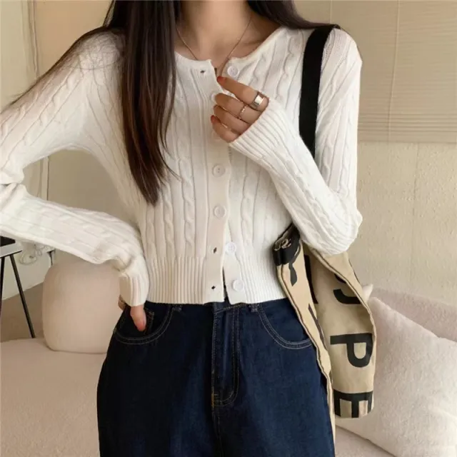 Women's Single breasted Twist Knitted Cardigan Round Neck Sweater White 2109 - Shop at LoveMi
