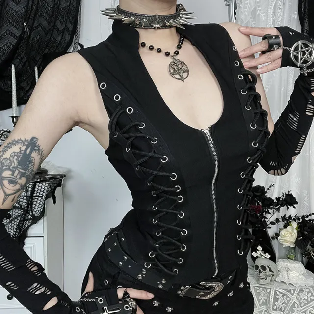 Stylish Dark Gothic style Strappy Waist cinching Vest With Zipper Black - Shop at LoveMi