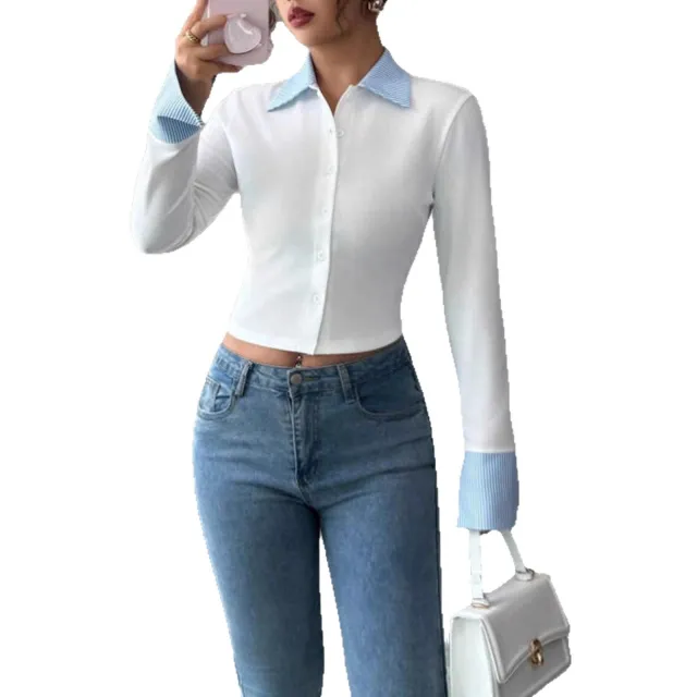 Women's Slimming Lapel Long Sleeve Fake Two Piece Shirt White - Shop at LoveMi