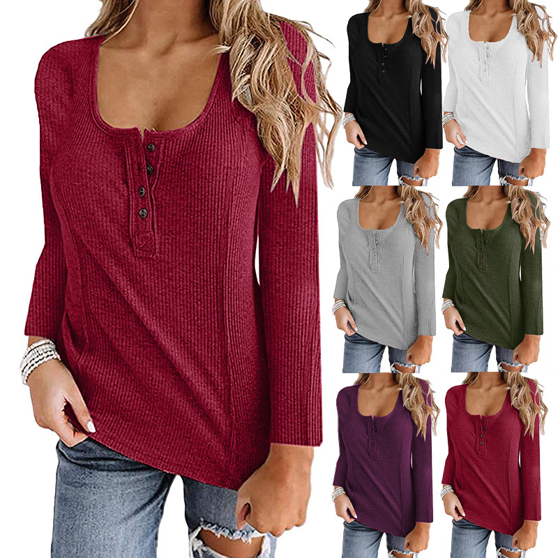 Button Solid Color Long-sleeved Top Female