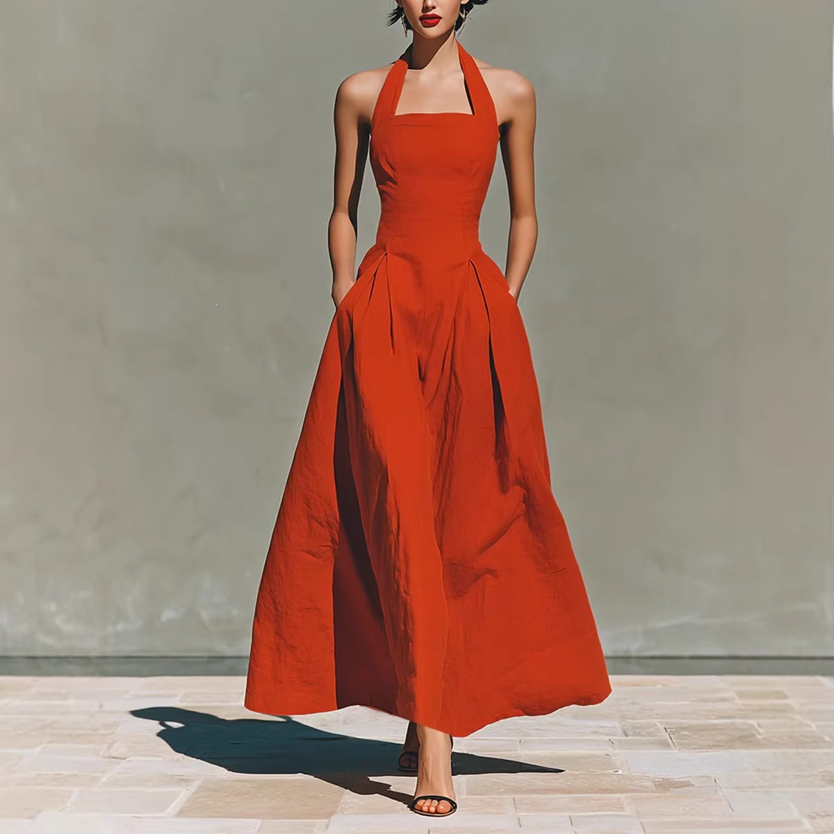 Halter-neck Linen-look Casual Chic Slim-fit Dress With Pockets