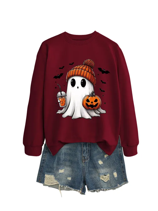 Fashion Long Sleeve Milk Tea Pumpkin Bat Printed Crew Neck Sweatshirt Wine Red - Shop at LoveMi