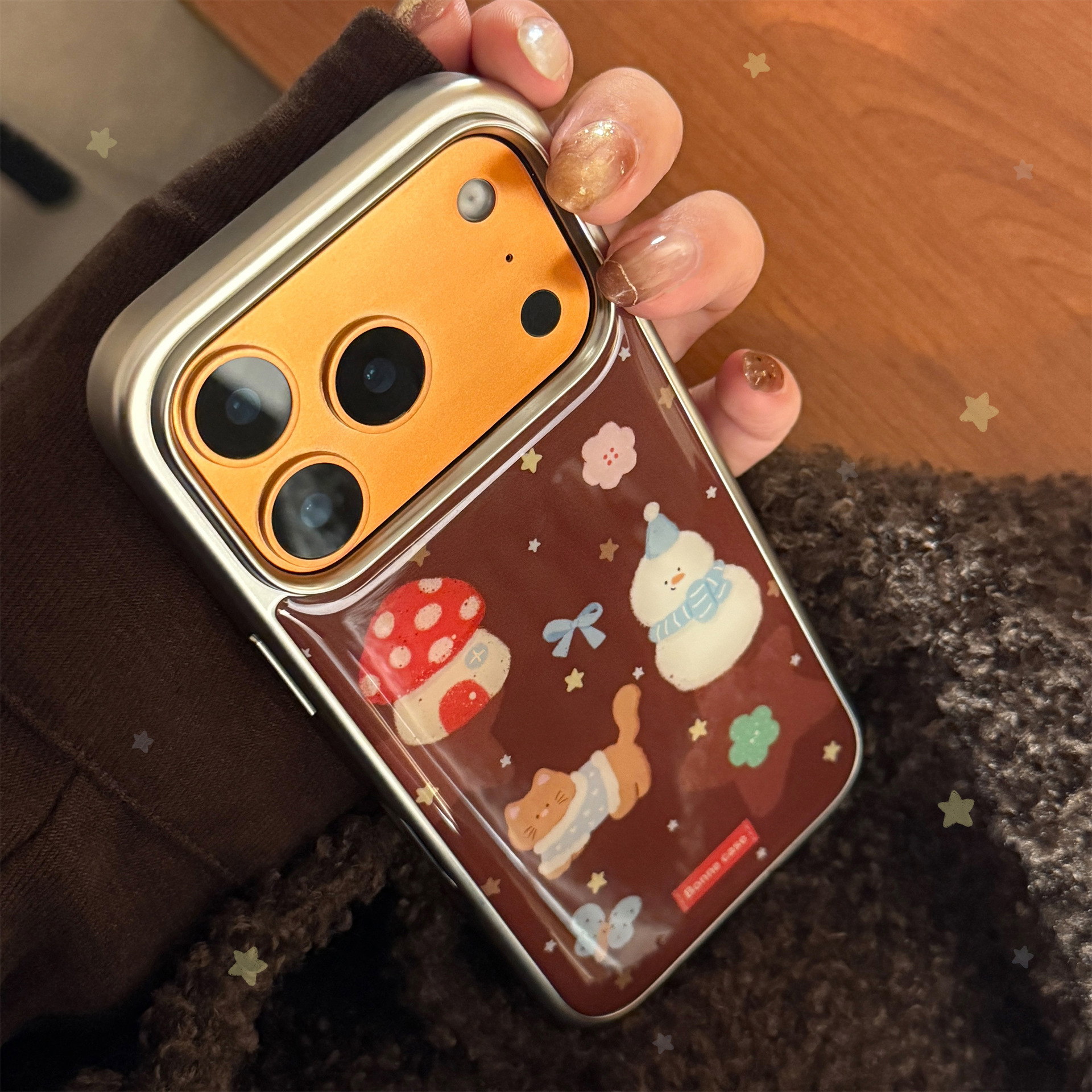 Resin-coated Retro Cartoon Snowman Phone Case In Winter Brown