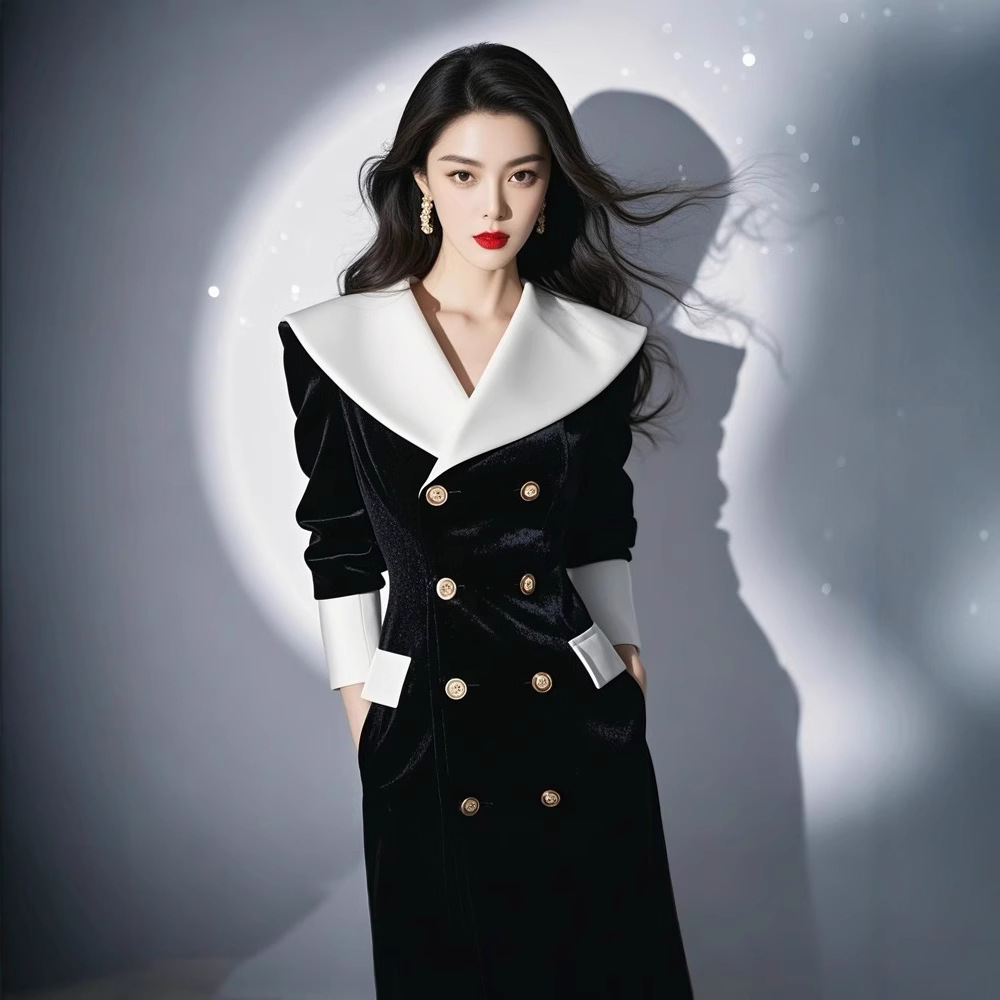 Black Velvet Dress Autumn Shufulei Light French Style