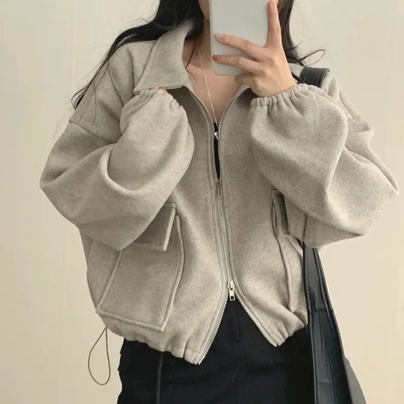 Loose Double Pocket Zipper And Lapel Drawstring Short Coat