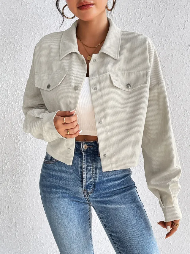 Casual Polo Collar Corduroy Jacket Single breasted Short Coat Apricot - Shop at LoveMi