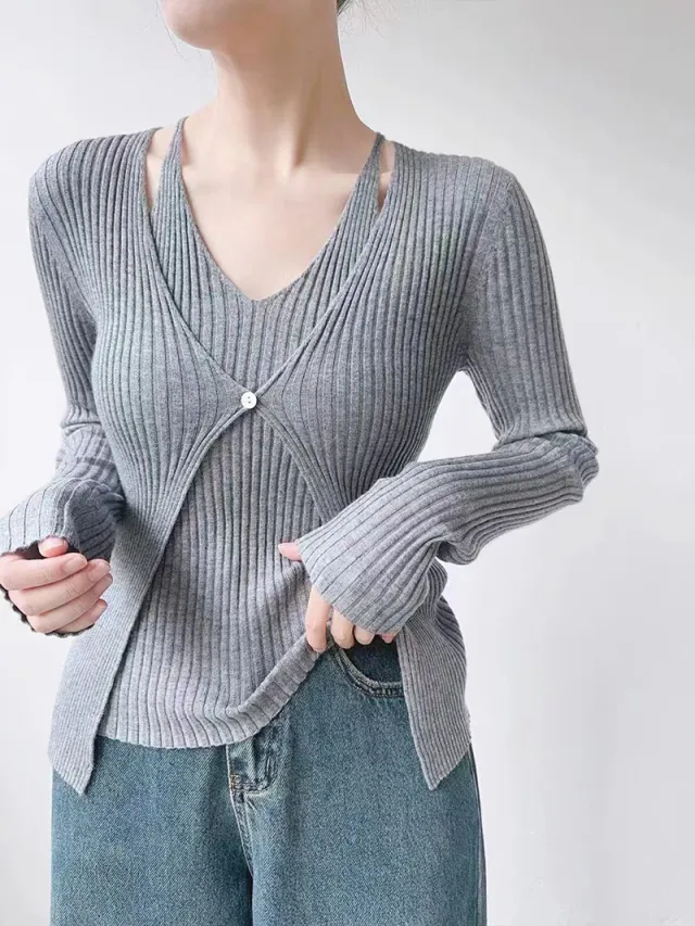 Women's Fake Two piece Sunken Stripe Long sleeved Sweater Gray - Shop at LoveMi