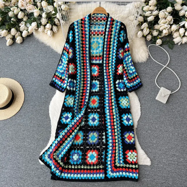 Bohemian Vacation Ethnic Print Vintage Long Style Long Sleeve Shawl Cardigan Blue - Shop at LoveMi