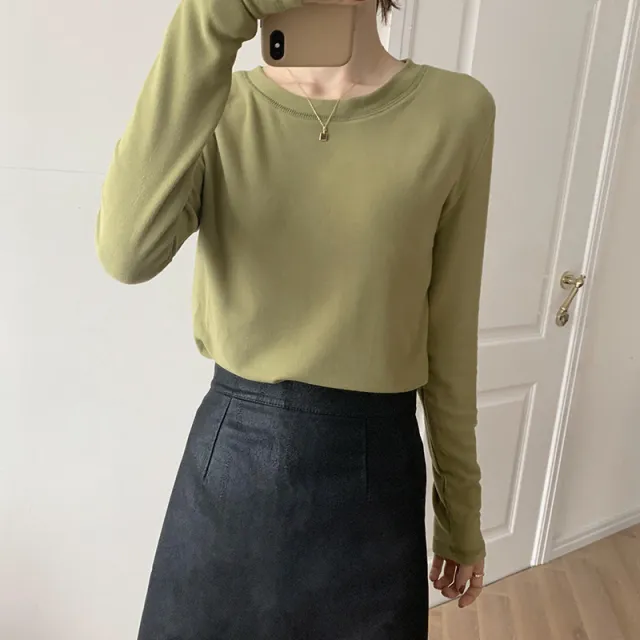 Women's Fashion Casual Bottoming Round Neck Long Sleeve T shirt Top Green - Shop at LoveMi